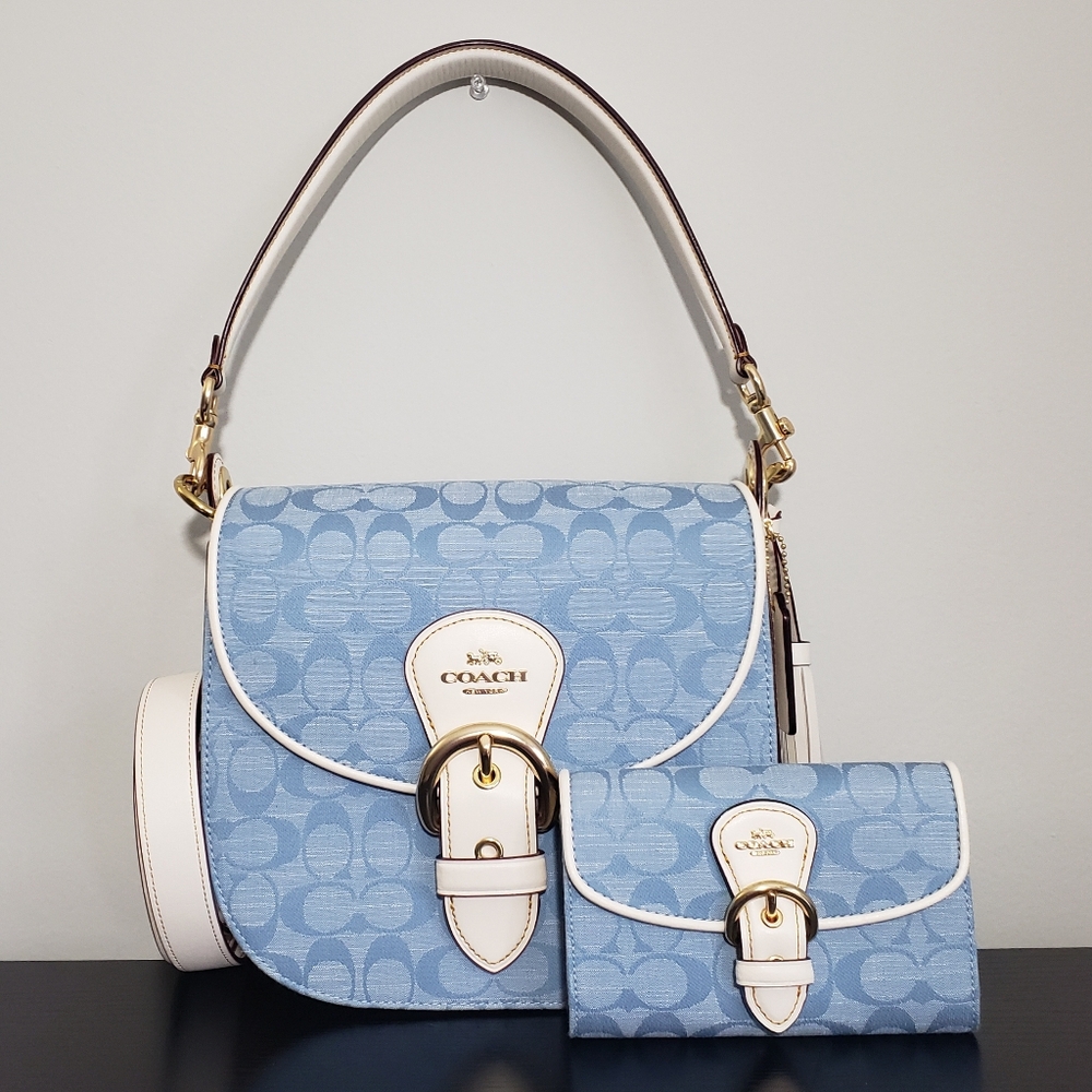 NWT COACH DENIM SIGNATURE CANVAS KLEO 23 SHOULDER BAG & MATCHING KLEO WALLET SET
